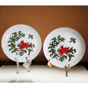 Vintage Lefton Red Cardinal Bird Holly Berry Leaves Christmas Plates 8" READ